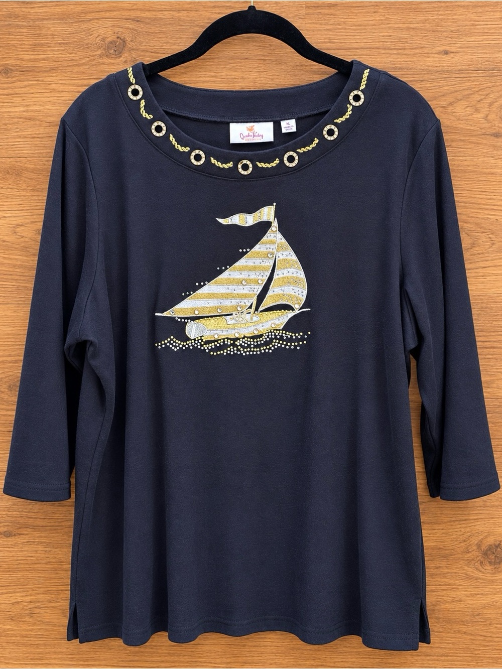 Quacker Factory Women's XL Navy Blue Long Sleeve Top with Sailboat Designed